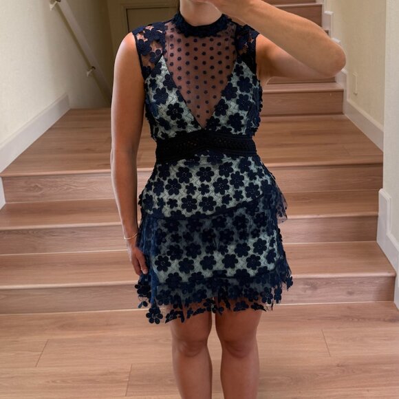 Self- Portrait Blue Guipure Lace Mini Dress Size US 2